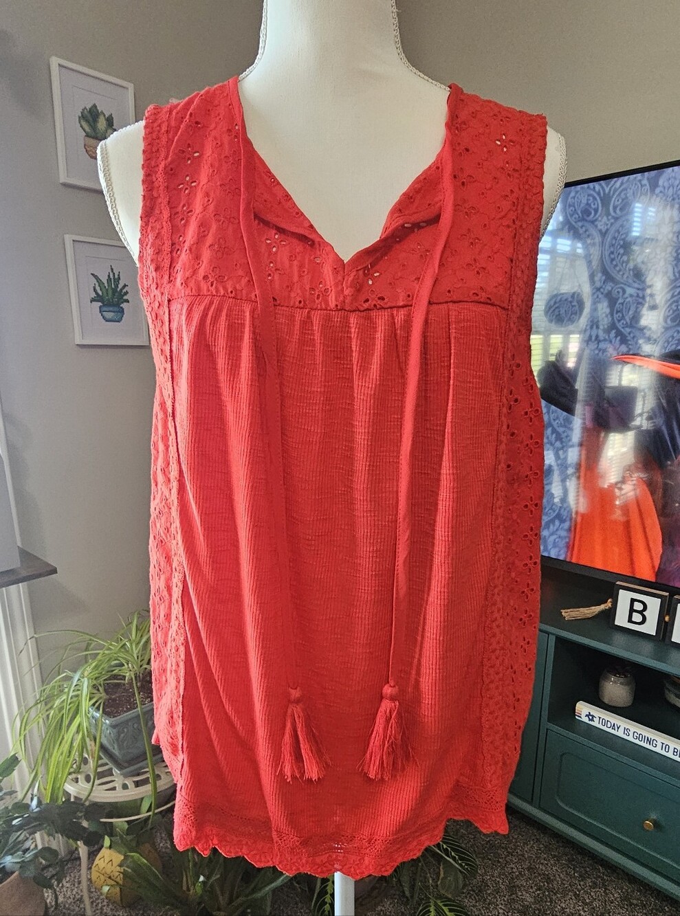 Knox Rose Red Eyelet Tassel Sleeveless Peasant Top